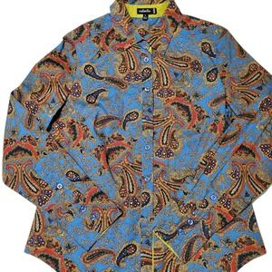 Rafaella Women's Blue Multi-Color Paisley Long Sleeve Button-Up Top Size‎ Large